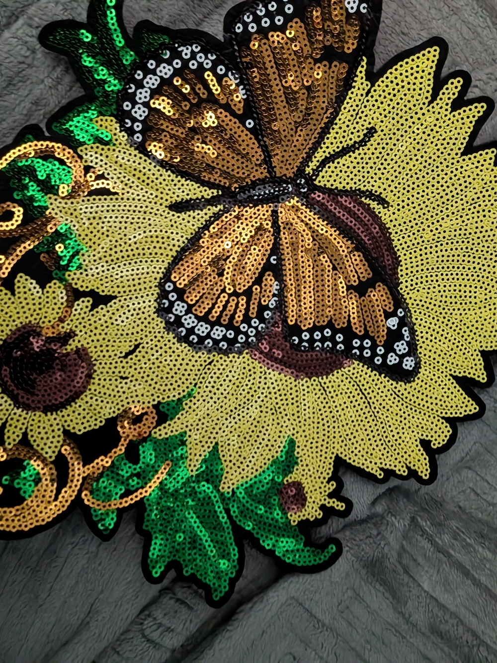 Sequin Sunflower Iron On Patch with Butterfly Accent - Yellow & Green